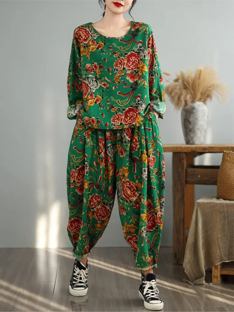 Conjunto de dos piezas con estampado Floral para mujer, blusa holgada de manga larga, pantalones bombachos plisados, otoño