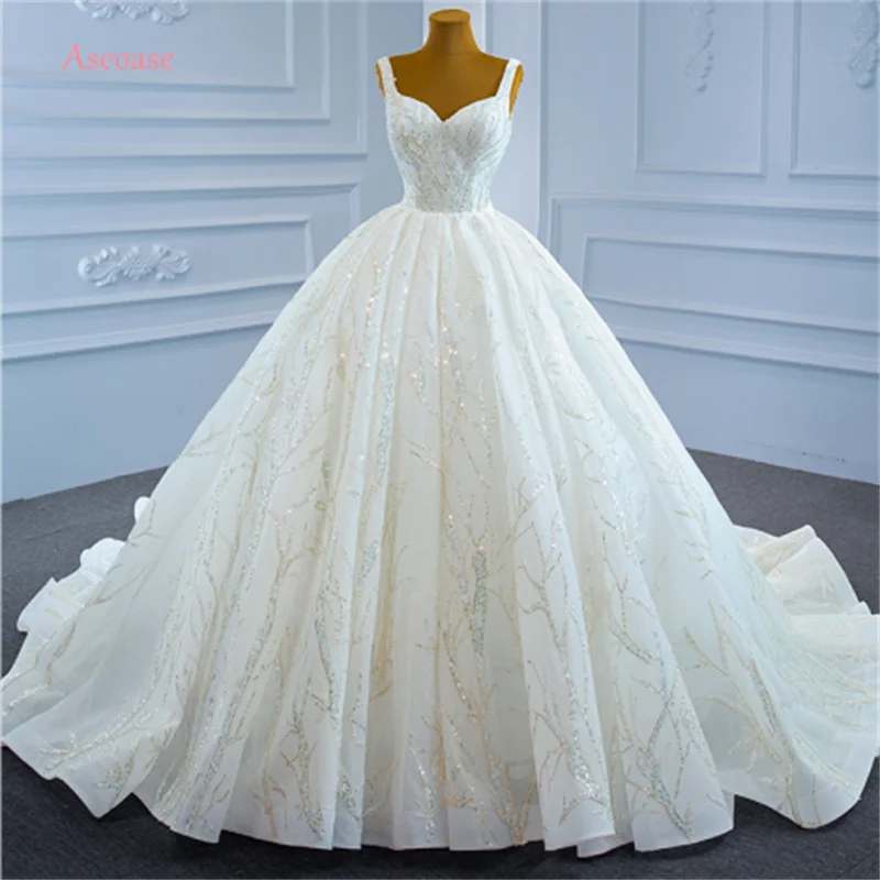 Aseoase Real Photo Luxury Wedding Dresses Ball Gown V-neck Tulle Beaded Puffy Dubai Arabic Wedding Gown Bridal Dresses