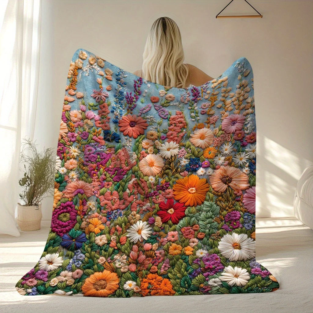 3D Bohemian Floral Blanket - Embroidery Flower Field Design, Soft Flannel for Bedroom/Sofa/Picnic, Vibrant Decor Throw
