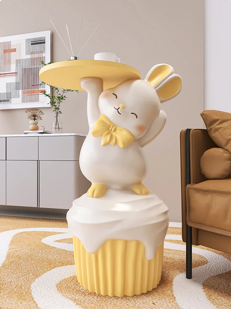 Room Decor Happy Rabbit Statue Floor Tray Ornament Creative Living Room Large Decorative Cartoon Side Table Home Decor Sculpture