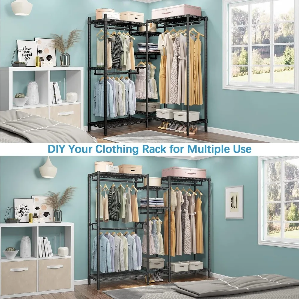 ตู้เสื้อผ้าโลหะรูปตัว L แบบตั้งพื้นสำหรับงานหนัก พร้อมชั้นวางปรับระดับได้ 7 ชั้น และราวแขวนเสื้อผ้า 4 ราว