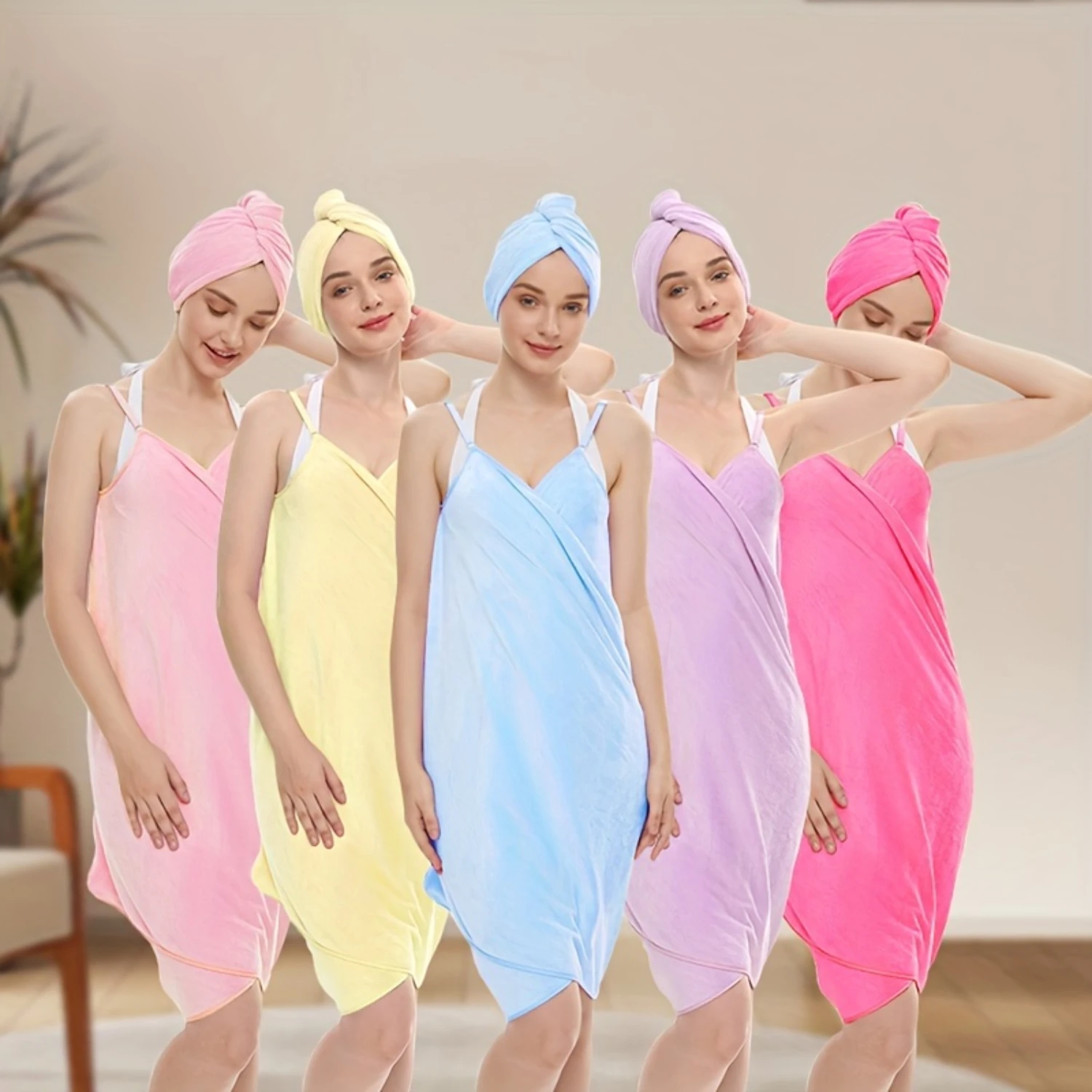 2pcs Luxurious Soft & Absorbent Wearable Bath Towel & Hair Caps For Women - Enhance Your Beauty With A Towel Dress