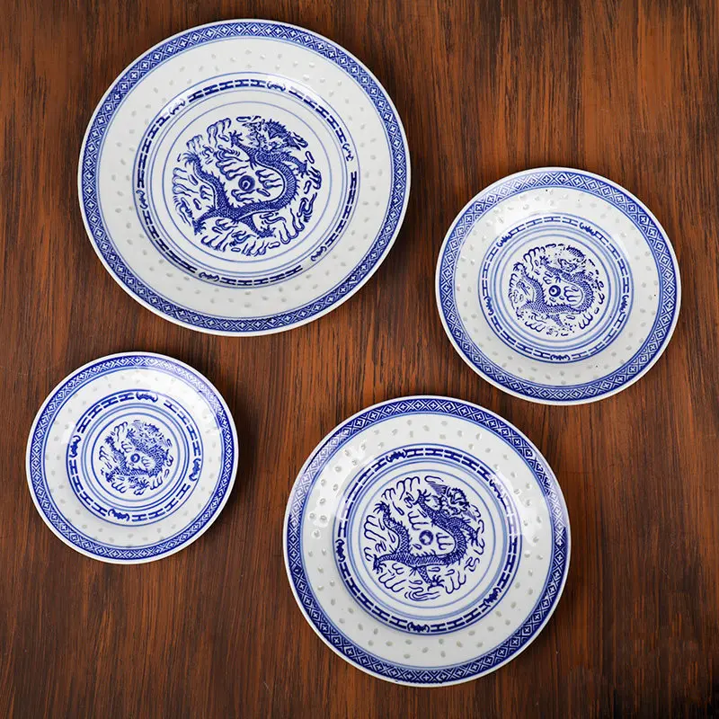 Assiettes de restaurant en céramique de style ancien, 1 pièce, assiette de service, assiette à os pour la maison/le magasin, motif de dragon chinois traditionnel, ustensiles de cuisine