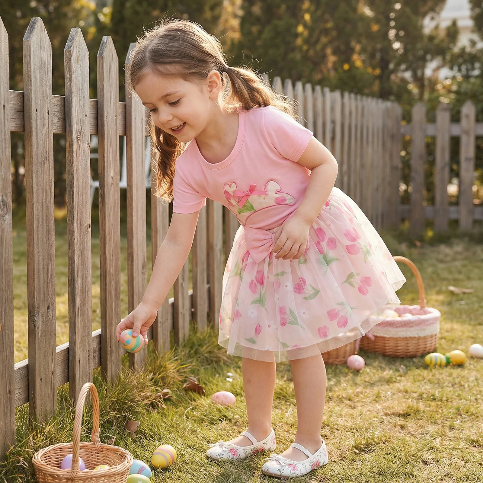Toddler Baby Girls Easter Outfit Cute Bunny Embroidery Short Sleeve Tops with Floral Skirt 2Pcs Clothing Set 12M--5T view 6