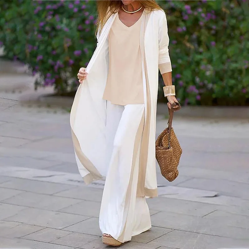 Sexy V Neck T-shirt Pants Jacket Set Office Lady Spring Autumn Solid Blouse Trousers Coat Three Piece Set Women Outfit 2023