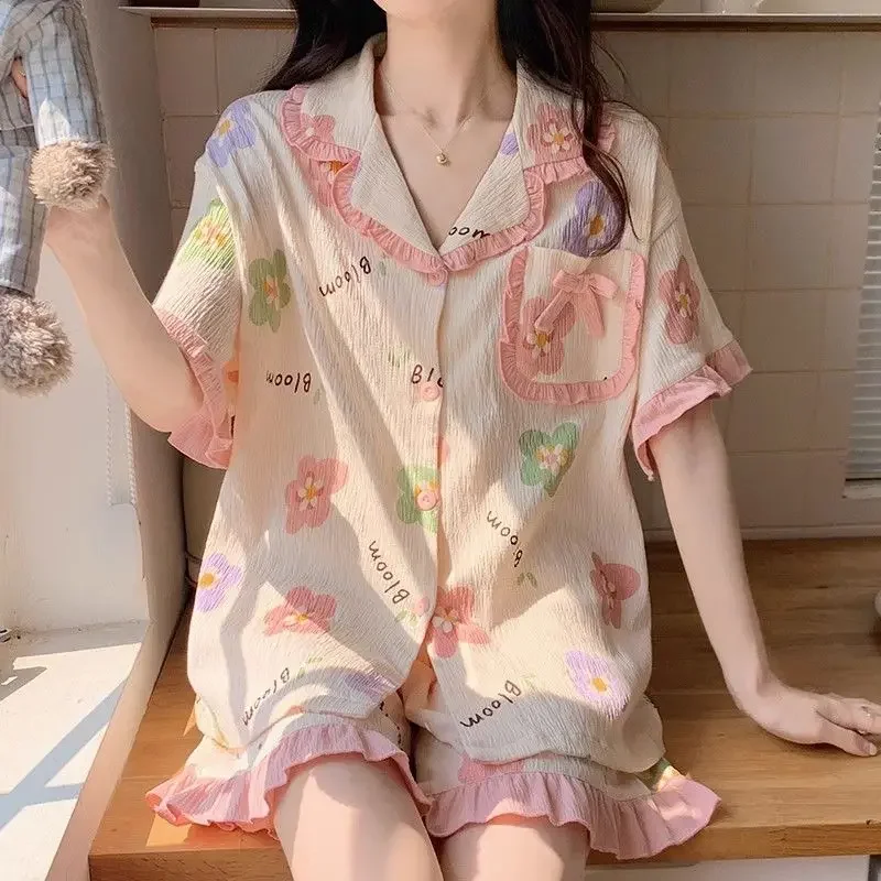 

Sweet Pajamas Set Summer Women Sleepwear 2 Pieces Short Sleeve Cardigan Shorts Floral Print Cute Loungewear Casual Loose Pajamas