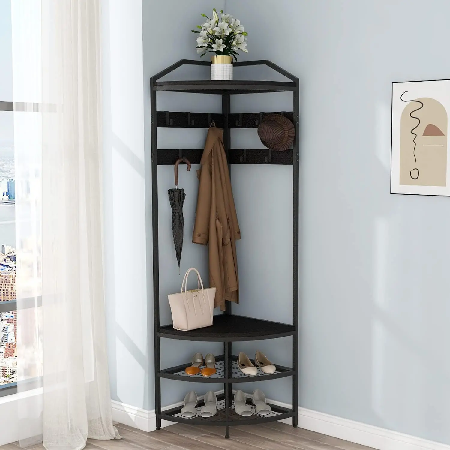 Modern Black Entryway Corner Hall Tree with Shoe Bench Entryway Coat Rack with 10 Metal Movable Hooks Wooden Clothes Rack