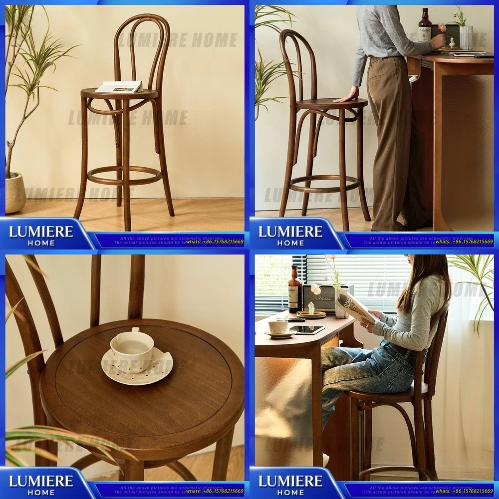 

Nordic French Style Bar Stool Vintage Luxury High Back Wooden Wicker Pub Chair for Home Bar Cafe Restaurant Tea Room Thonet