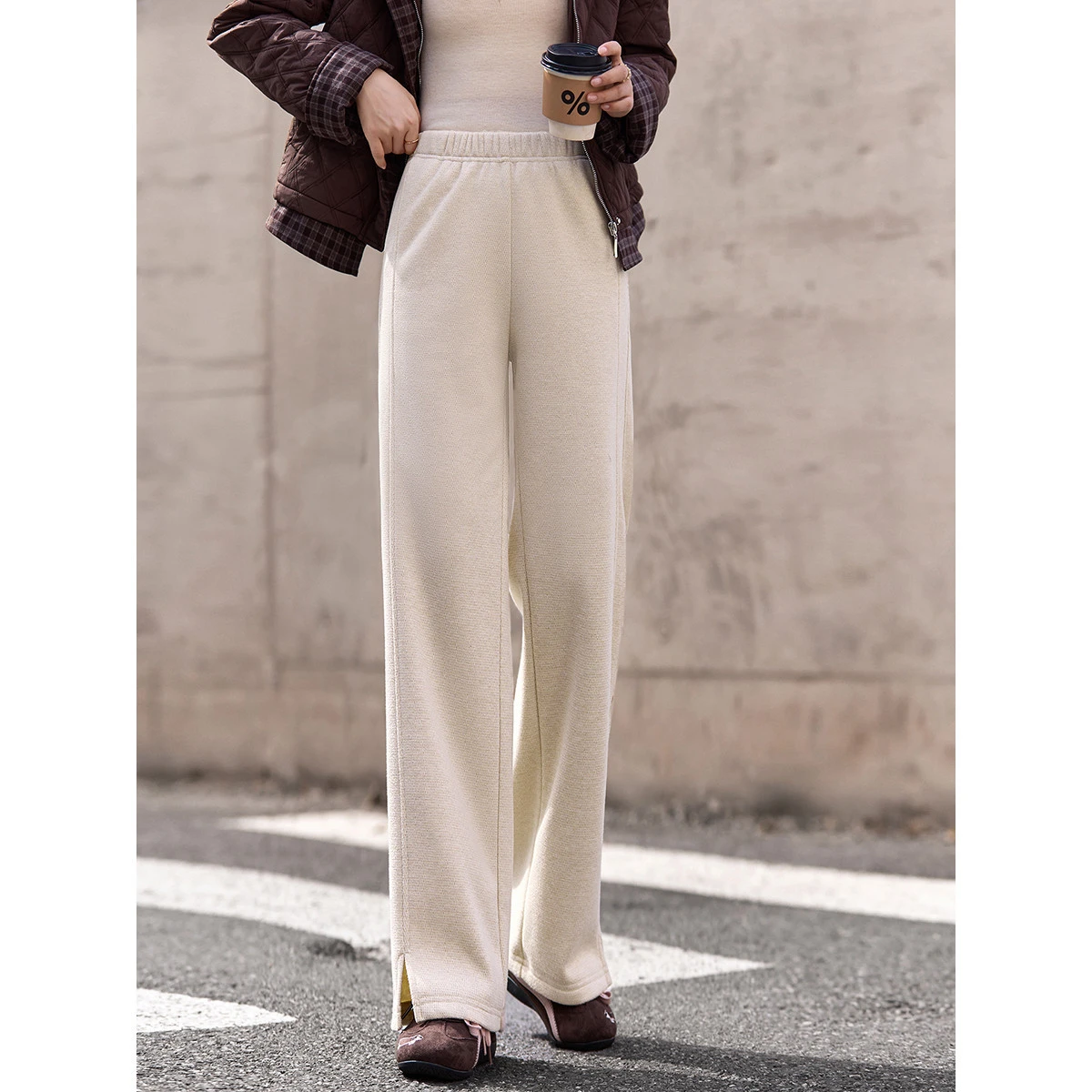 VIMLY Women's Sweat Pants 2025 Winter Casual Fleece Lined Slit Straight Trousers Elastic Waist Loose Fitting Women Clothes A3352