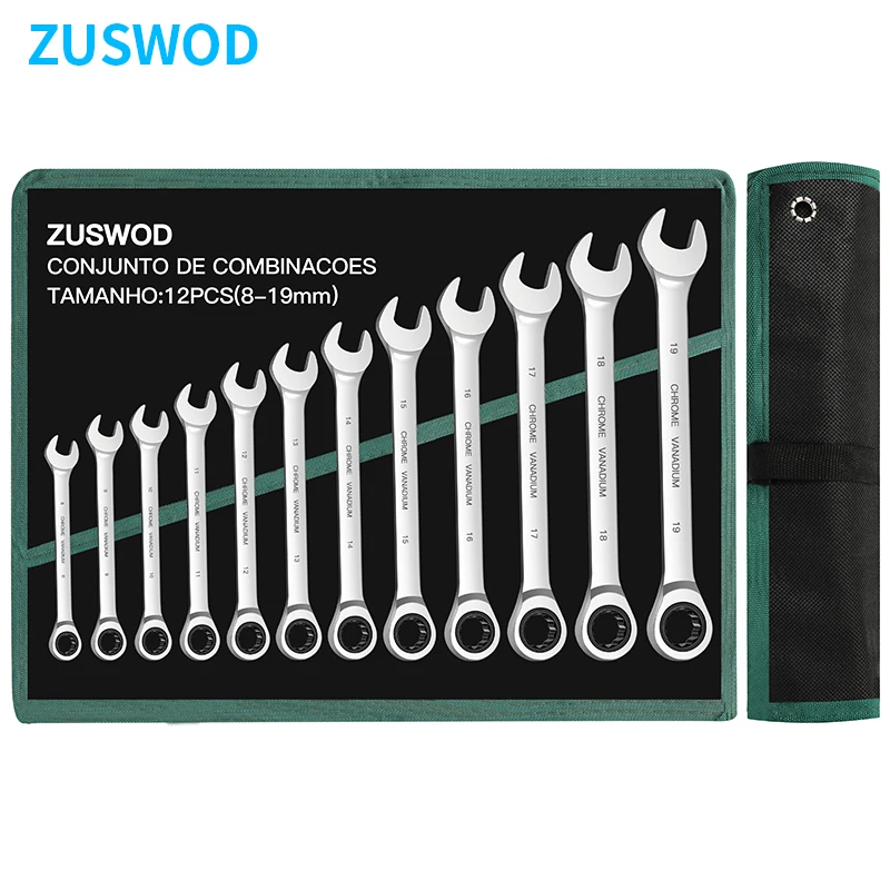 12 Piece Dual-Use Ratchet Wrench Set, 8-19mm Metric Wrench Set, Mirror Polished Chrome Vanadium Steel Combination Wrench Set, 72 Tooth Industrial Household Repair, Professional DIY Car Repair Manual Tool Set