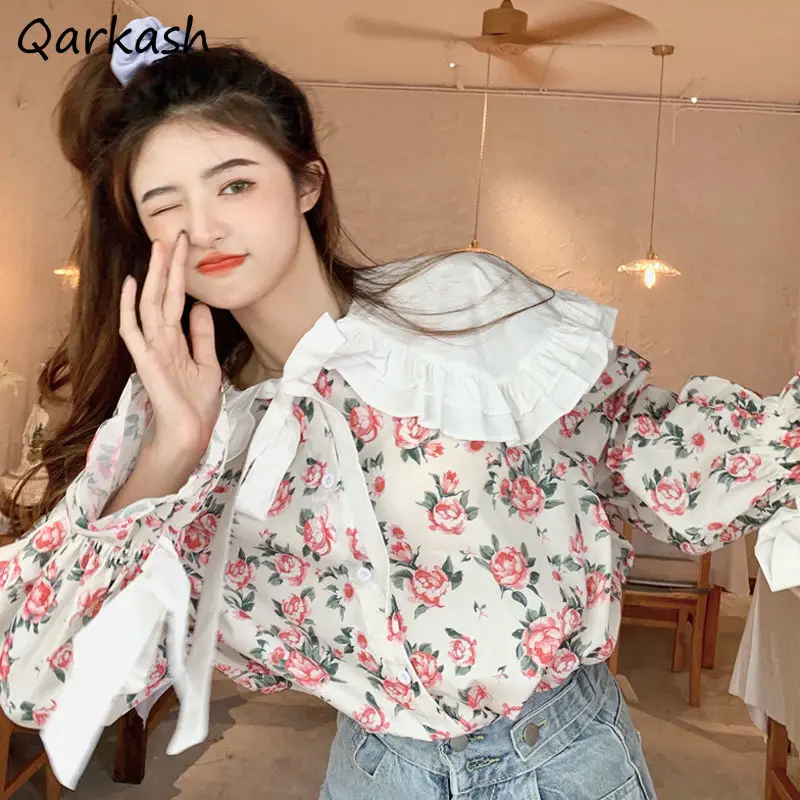 Vintage Floral Shirts Women Kawaii Peter Pan Collar Lace-up Spring Sweet Girlish Long-sleeved Shirt Fashion Streetwear Aesthetic