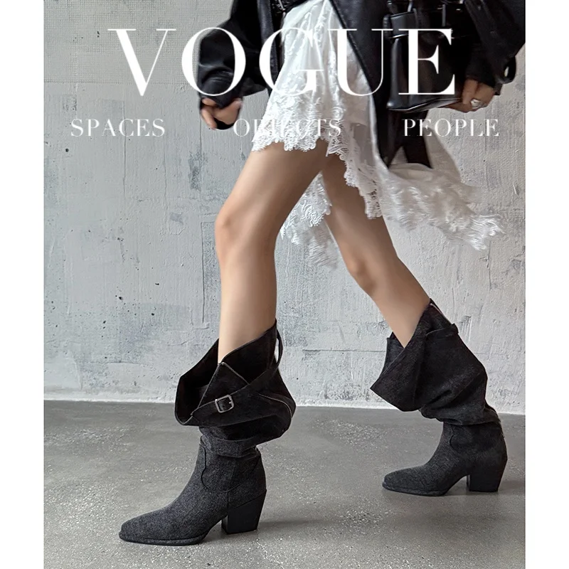 2026 autumn winter women knee-high boots 22-25cm denim pointed toe belt buckle back zipper morden Pile up long boots