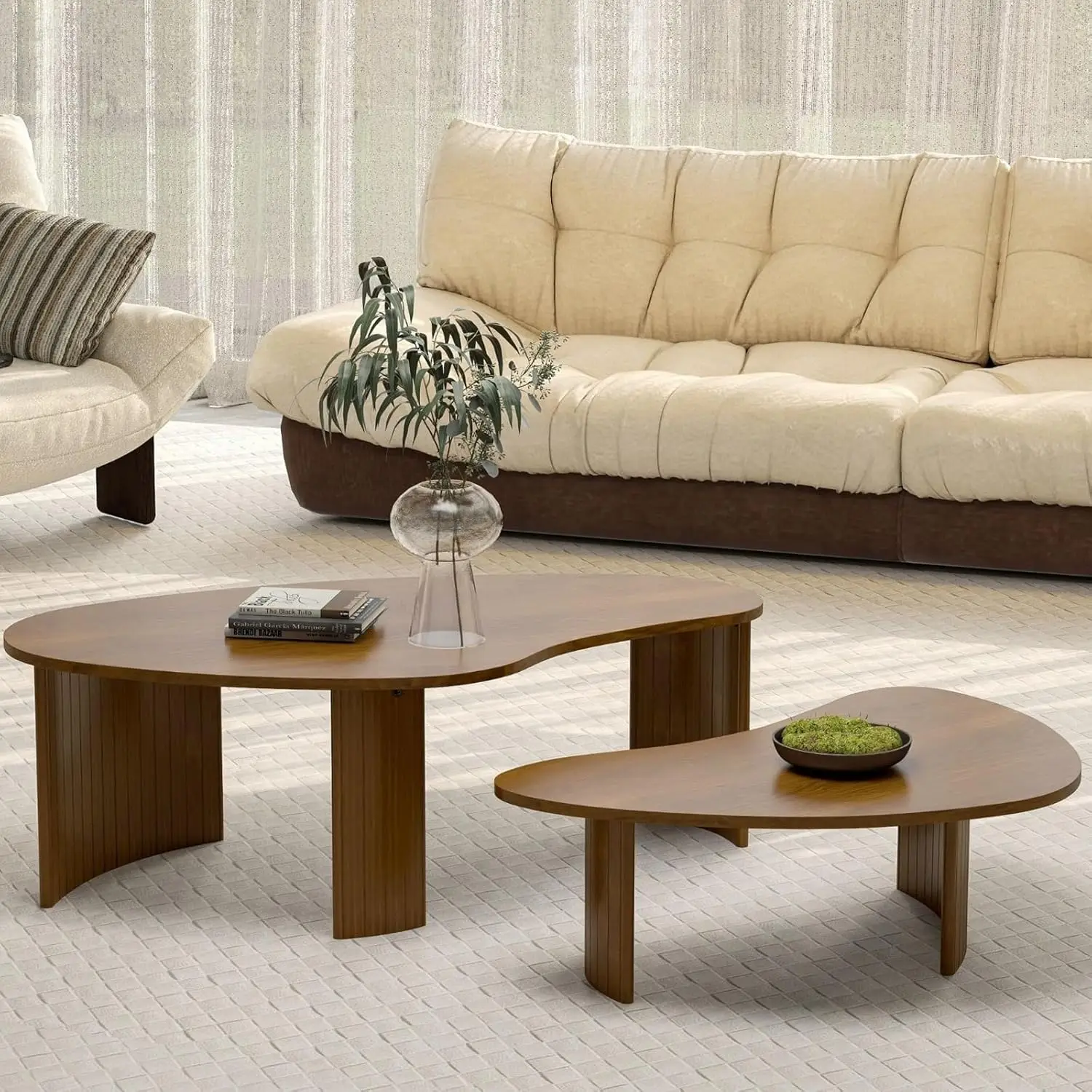 

Mid Century Modern Coffee Table Set of 2, Nesting Coffee Tables with Wood Grain Veener, Fluted End Table for Living Room, Farmho