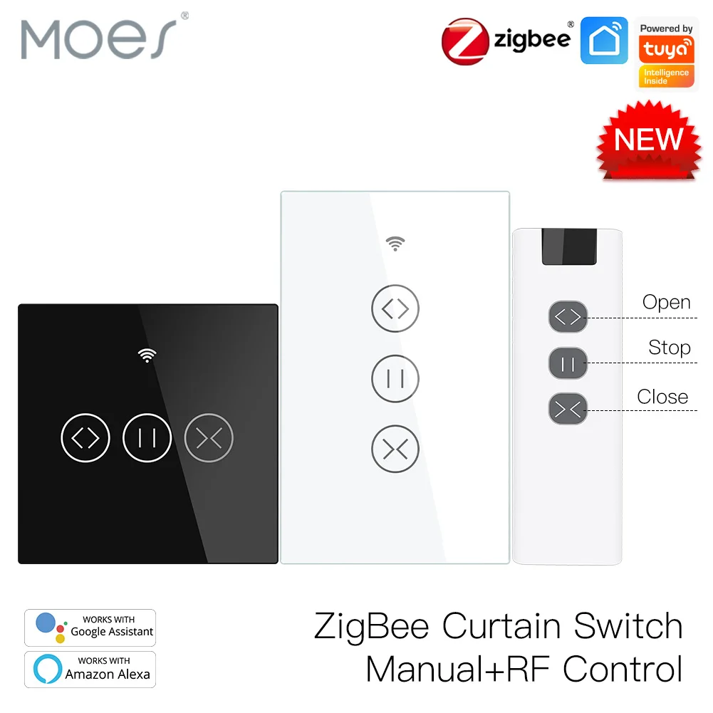 ZigBee RF Smart Touch Curtain Switch Roller Blinds Shutter Tuya Smart App Wireless Control Relay Status Works with Alexa Google