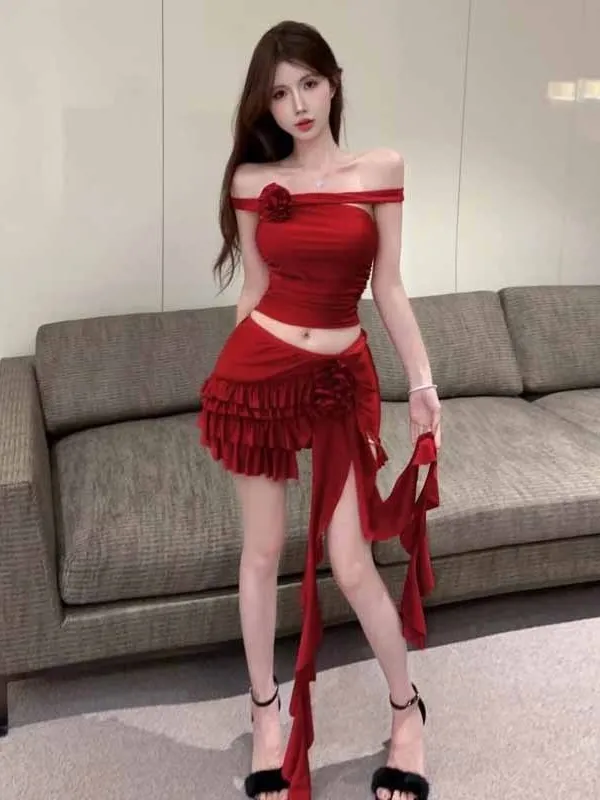 2024 Summer Spicy Girl Irregular Wine Red Set Slanted Collar Backless Slim Short Top+low Waist Ruffled Skirt Two Piece Set 5R4C