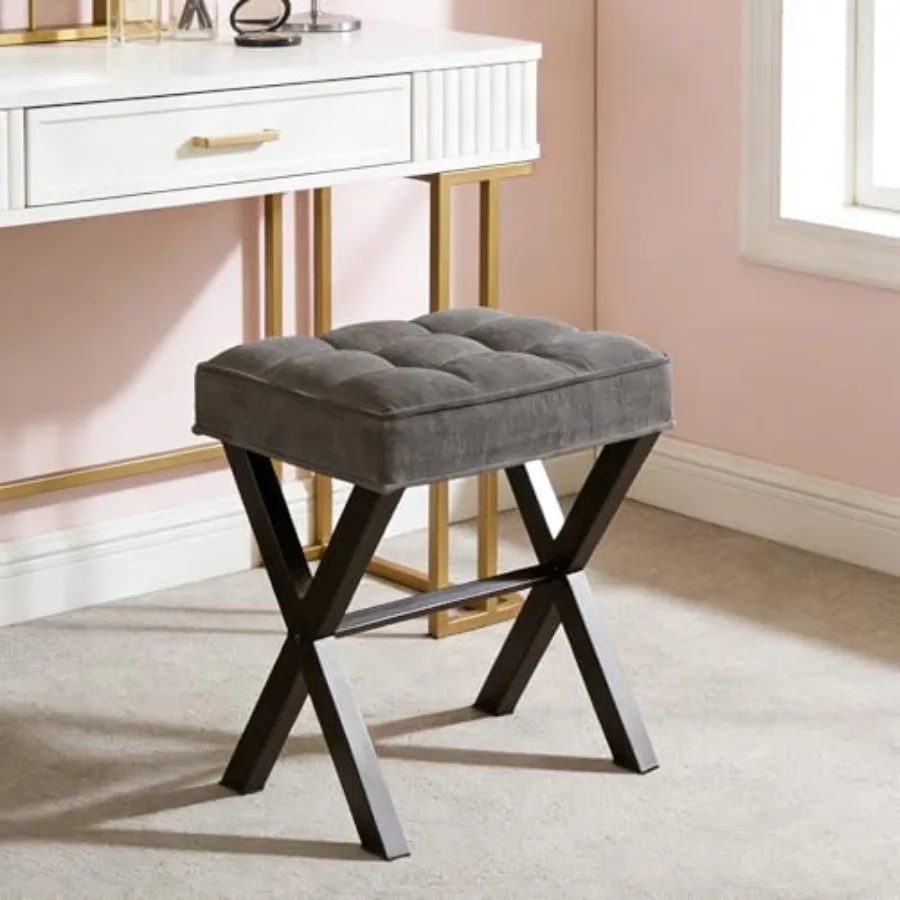 Modern Square Feet Stool Ottoman Upholstered Vanity Chair with Metal X-Legs and Soft Linen Fabric - Versatile Seat and Footrest