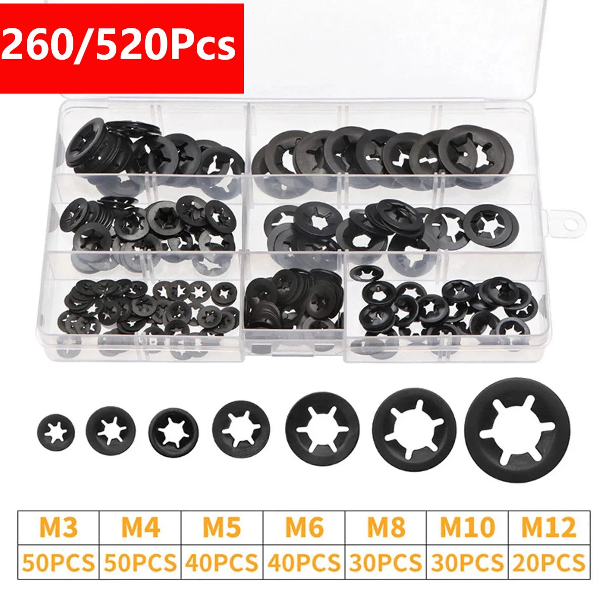 

260/520Pcs M3-M12 Metal Star Nut Washer Push-on Locking Washer Fasten Assortment Kit Starlock Locking Fastener Assorted Kit DIY