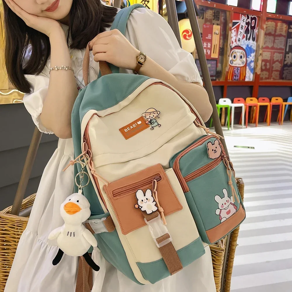 Fashion Large Badge Buckle Backpack Women Waterproof Canvas Backpacks TeenageGirl School Bag Fancy High Capacity StudentBook Bag