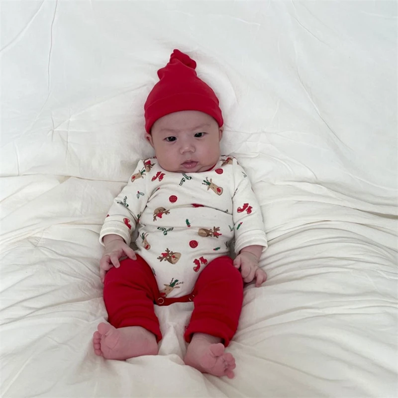 Autumn Winter Cotton Baby Infant Romper Christmas Jumpsuit With Hat Classic Green Red Reindeer Newborn Xmas Pajamas Outfits