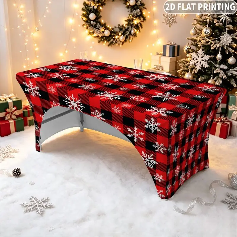 1pc Rectangular Full-Coverage Notched Red Black Plaid Snowflake Stretch Tablecloth, Tablecovers with Arched Back, Festival Decor