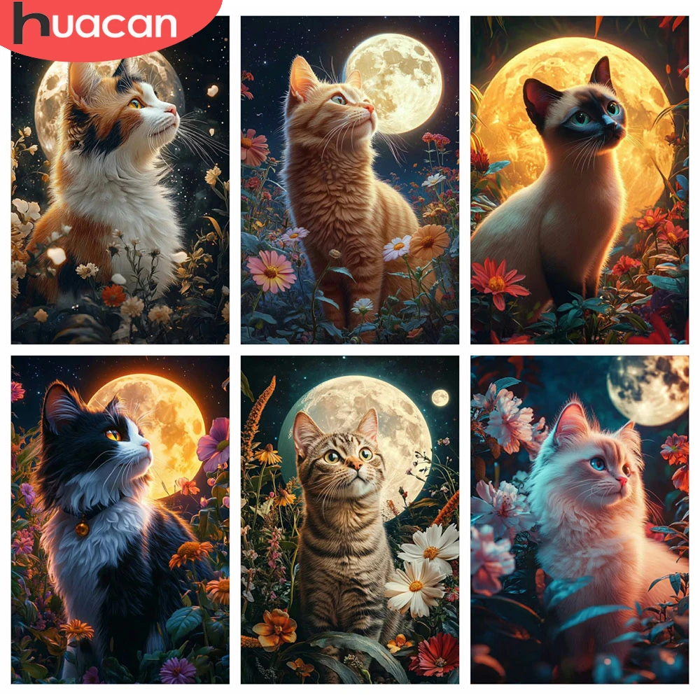 HUACAN 5D Diamantmalerei Katze Tier Mosaik Handgemachte Diamantkunst-Sets Mond Heimdekoration Blume Vollquadrat Runde Diamanten