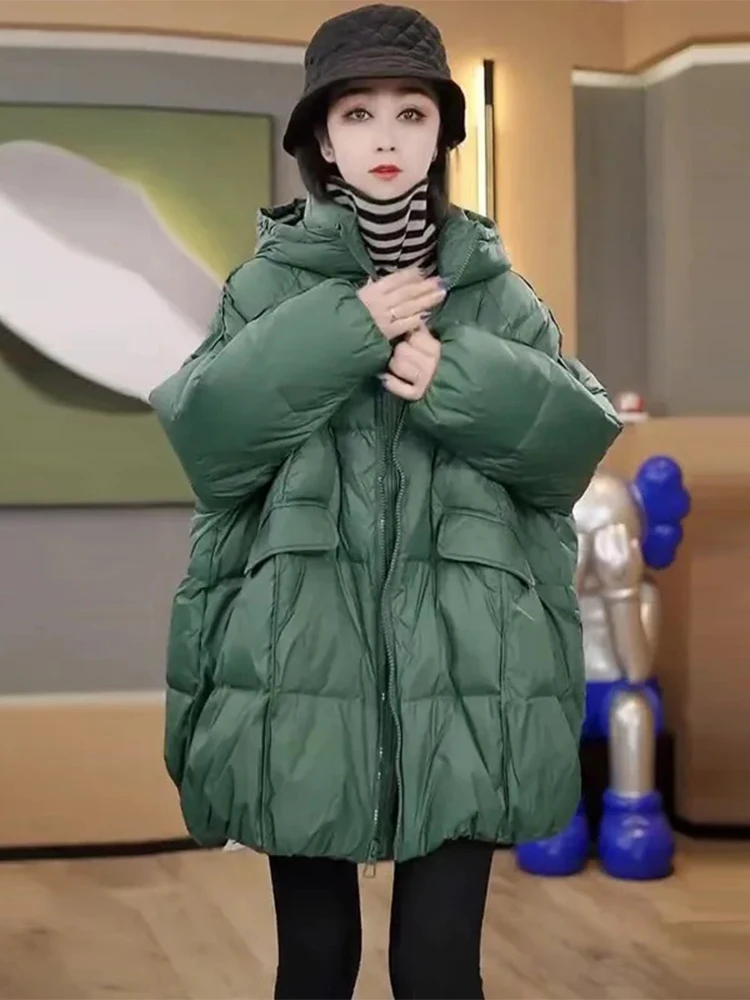 

Thiened down Cotton Jaet Women's Mid-Length Coat Korean Sle Commute Pure Color Hooded Zipper Sve Regular Loose Fit