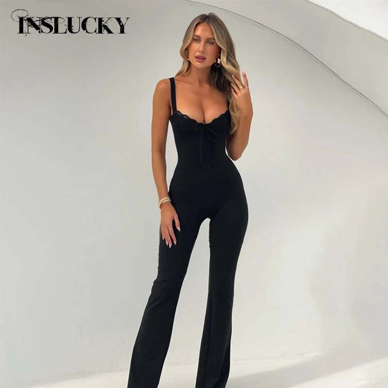 

InsLucky Sexy Lace Lace Stitching Jumpsuits For Women Deep V Neck Sleeveless Sling Sling Bodycon Pencil Pants Elegant Jumpsuits