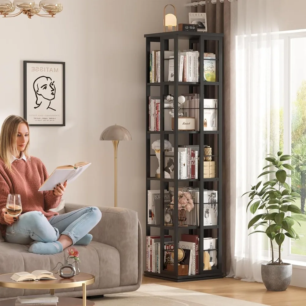 

Bookshelf, corner bookshelf, 360 degree display wooden rotating bookshelf, floor standing bookshelf narrow shelf