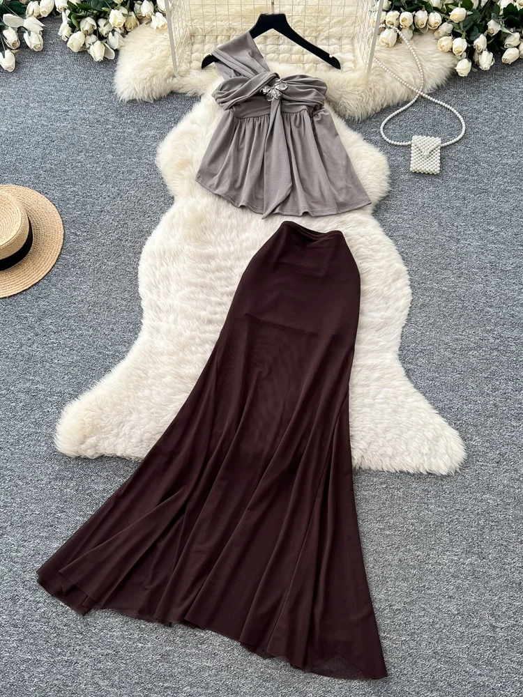 

Sexy Semi-Body Skirt Two-Piece Set Women's Summer Slimming Mesh Fashionable Personality Set Hanging Neck Shoulder Fashionable...
