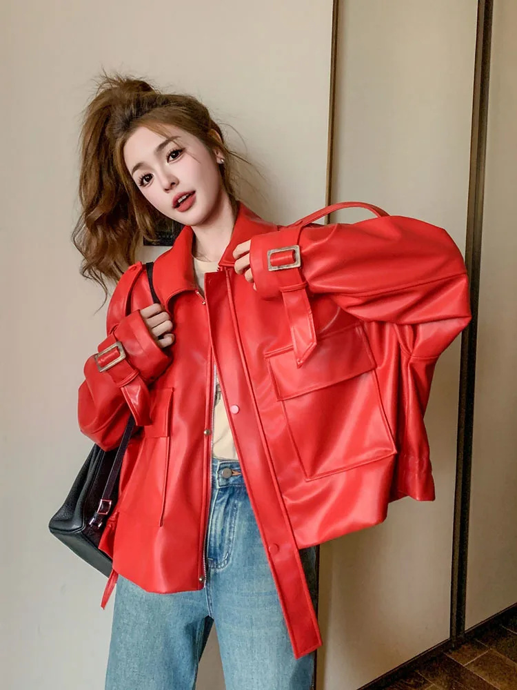 Jaqueta bomber de couro vintage feminina, casacos de manga comprida, casacos soltos, vermelho vinho, meia estação feminina, primavera, outono