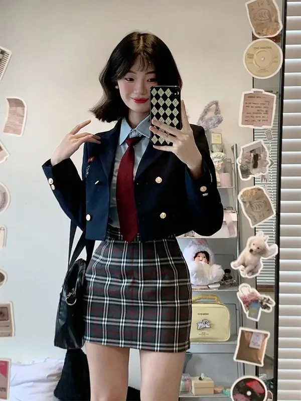 College Style Suit Jacket Women's Autumn Winter Short Style JK Uniform Set Jk Suit Hip Wrap Skirt Three Piece Set School Uniform