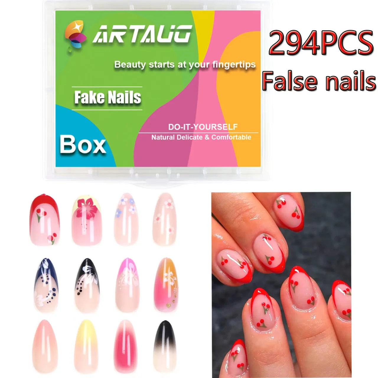 

294 шт./кор. Миндалевидные короткие накладные ногти с 12 уникальными деталями для дизайна ногтей, многоразовые, полностью покрытые накладные ногти, подарки для женщин и девочек