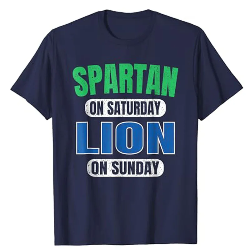 Spartan on Saturday Lion on Sunday Funny Detroit Vintage T-Shirt Letters Printed Sayings Graphic Tee Tops Humorous Cotton Outfit