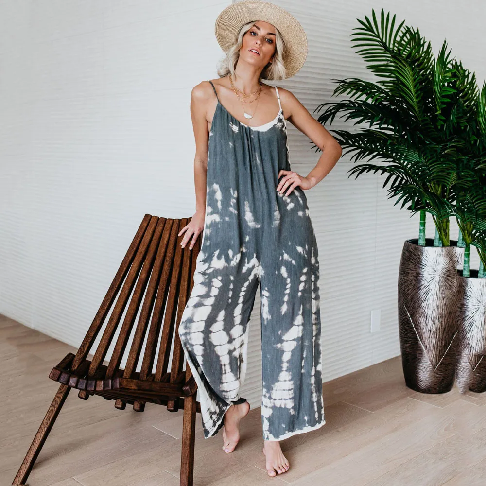 Summer Women Casual Jumpsuit V Neck Tie Dye Stripe Print Wide Leg Sling Loose Jumpsuits