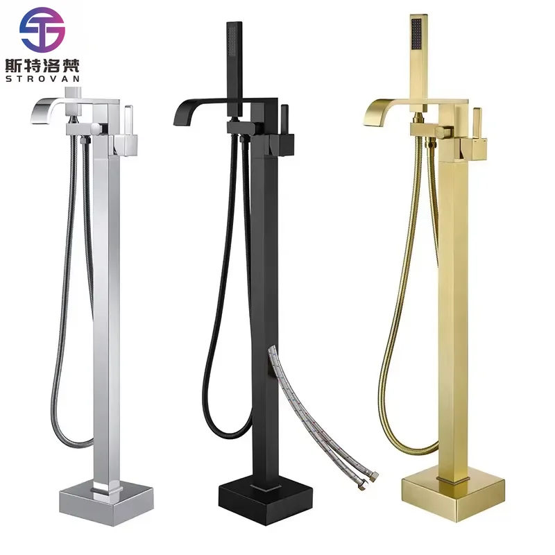 

Floor Mounted Waterfall Spout Bathtub Faucet Brass Bathroom Free Standing Tub Faucet with Hand Shower