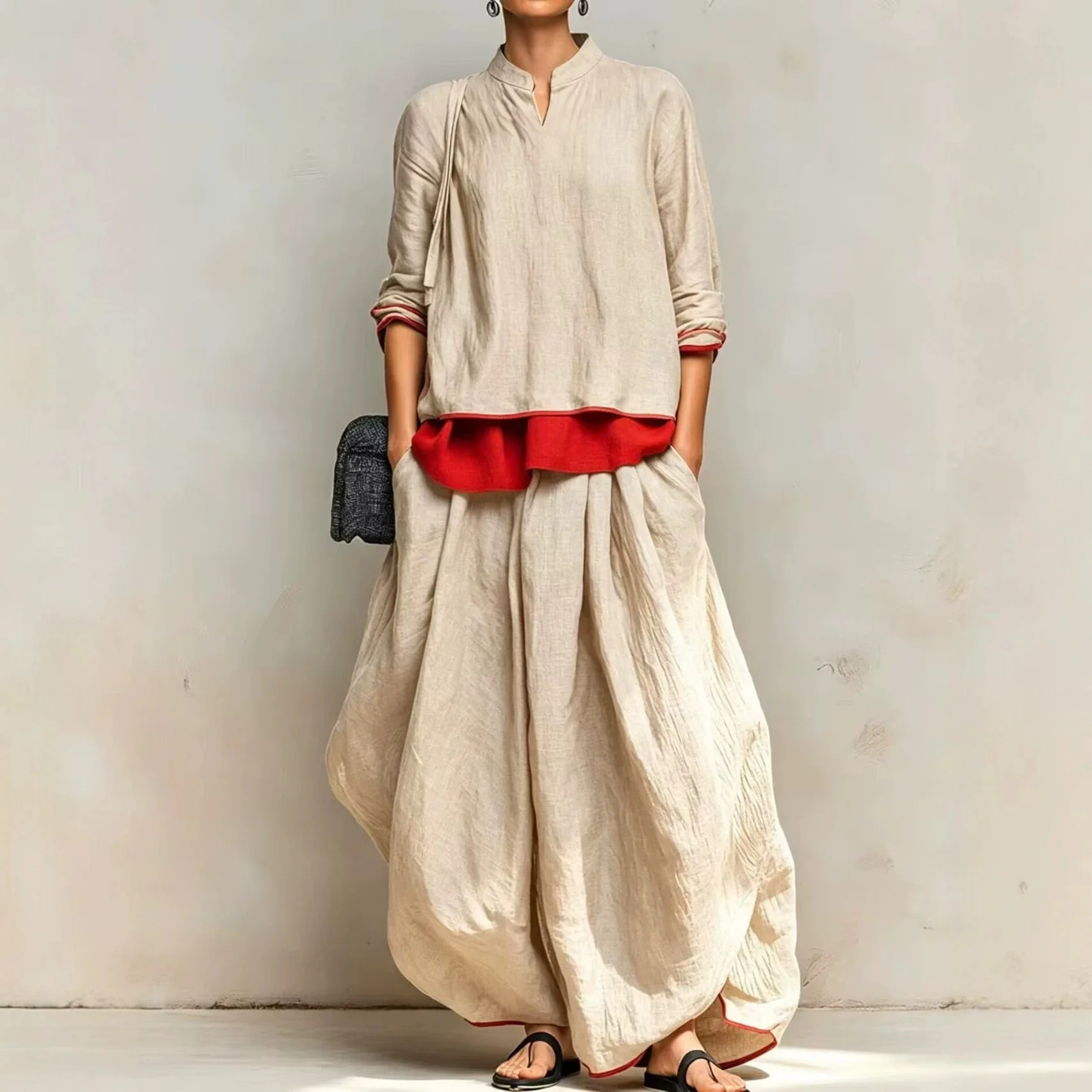 2026 Women's New Cotton And Lines Set With A Stand-up Necklace Double-layered Patchwork Top, And Loose-fitting Lantern Pants,