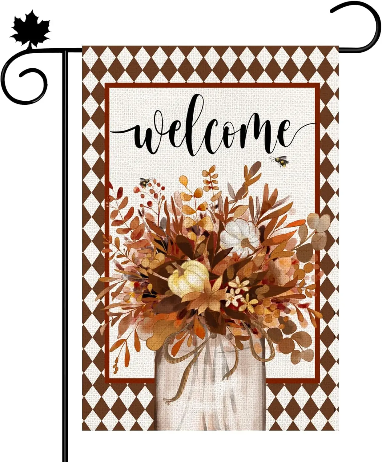 Fall Garden Flag ，12x18in Brown Diamond Plaid Vase Double Sided Welcome Thanksgiving Yard Flag for Autumn Farmhouse Seasonal yyi