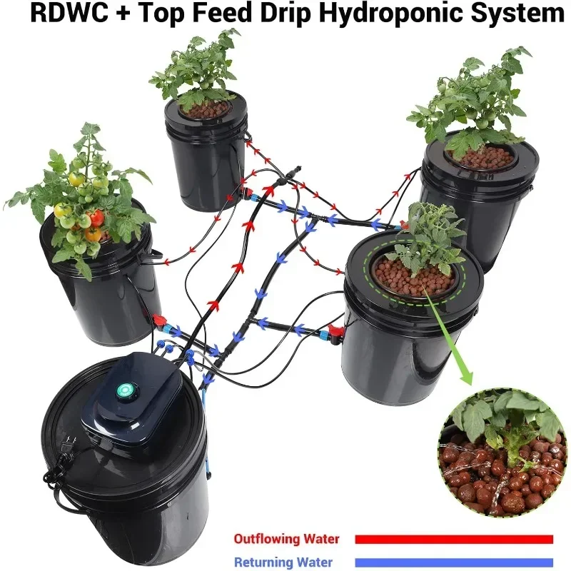 Recirculating Deep Water Culture Hydroponic Bucket System, 5 Gallon Hydroponics Growing System Drip Hydroponics Systems