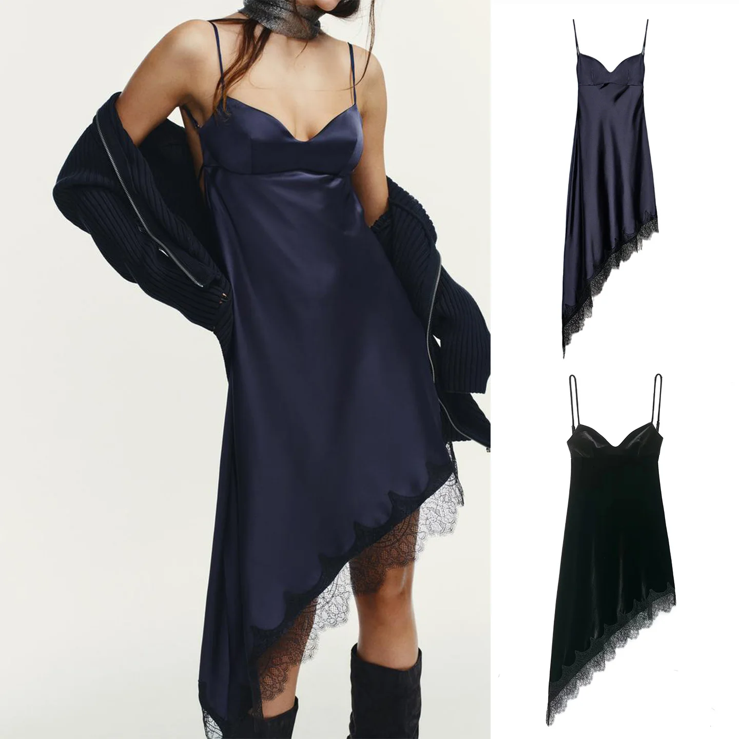 Hiver nouveau femmes Ins Sle coeur col soie Satin sensation dentelle asymétrique Dr v-ne Svel coupe ajustée décontracté Dr