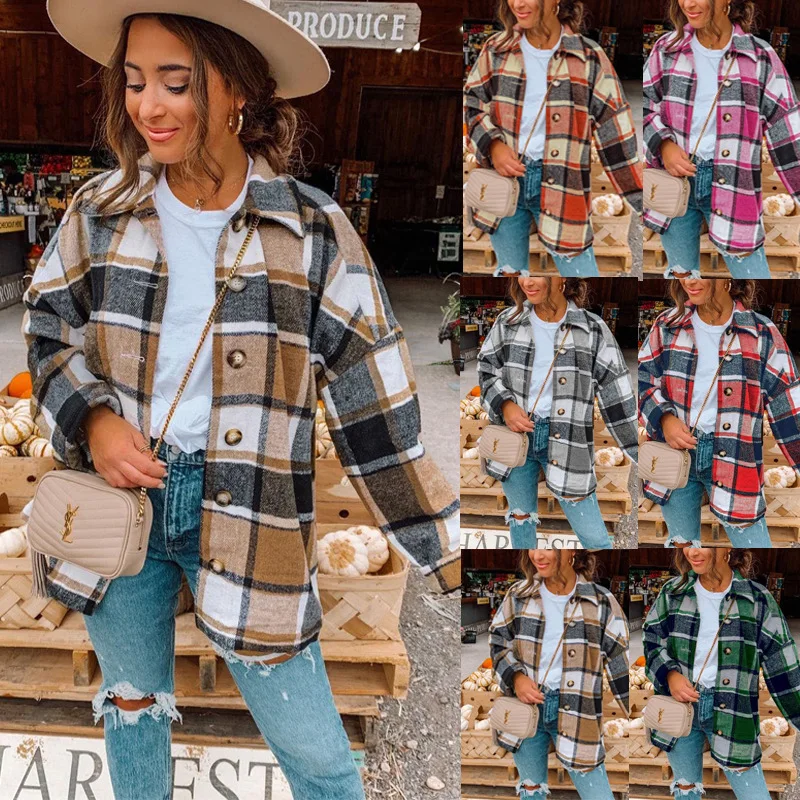 

Plaid Wool Coats Women Blends Jackets Turn Down Collar Long Sleeves Single Breasted Loose Casual Office Lady 2025 Autumn Winter