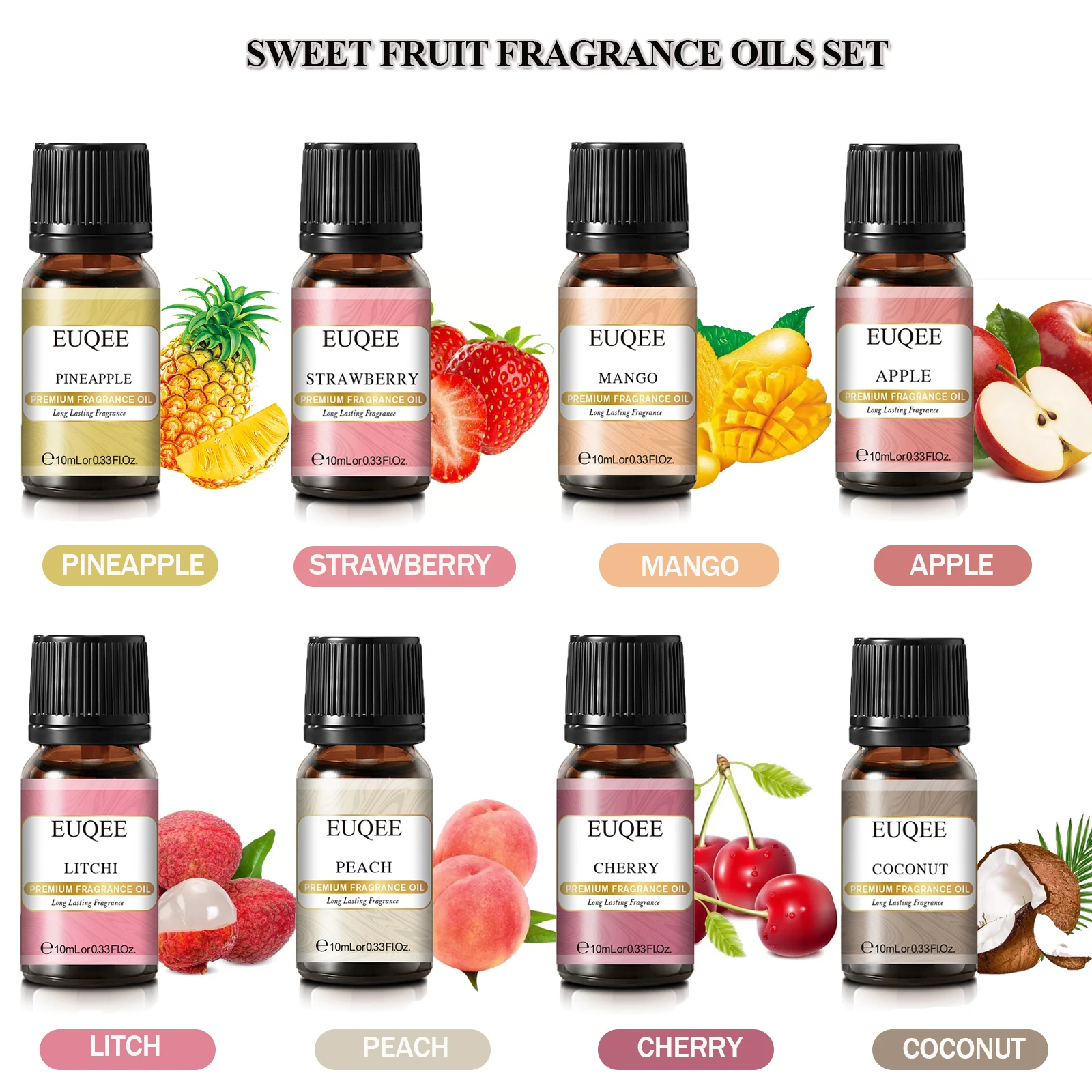 EUQEE TOP 8 Sweet Fragrance Oils Set - Apple Mango Strawberry Cherry Coconut Pineapple Litchi  Peach Fragrance Oil (10ML)