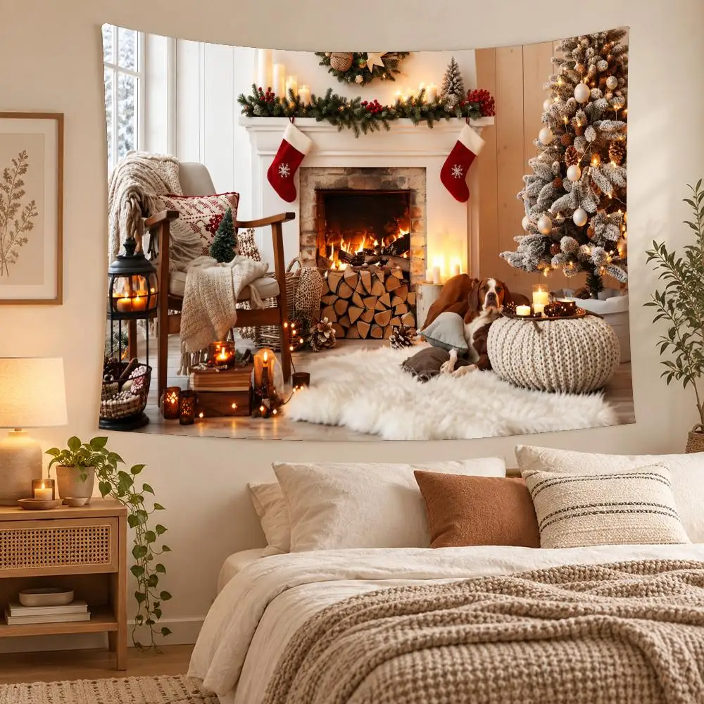 Christmas Fireplace Tree Scenes Tapestry Custom Living Bedroom Party Dormitory Interior Wall Bohemian Decoration Attached Clip