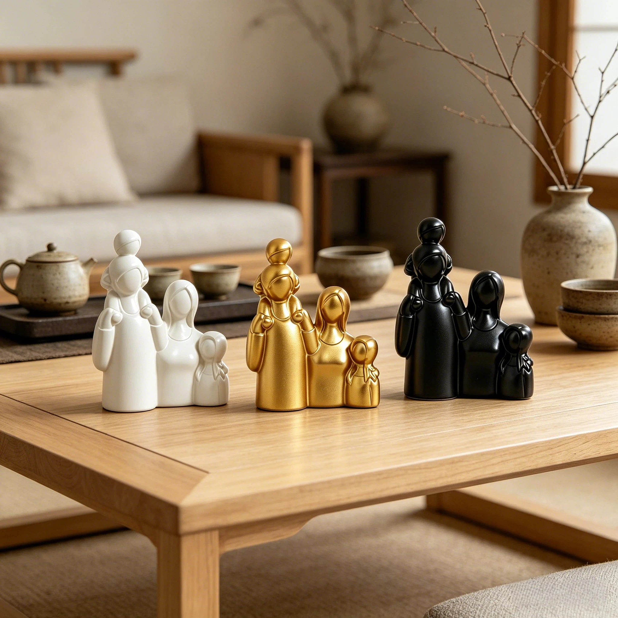 1 pieza, estatua de resina de lujo dorada de una familia de cuatro miembros - Escultura abstracta de figura dorada mate de alta gama, utilizada para decoración de chimeneas en salas de estar, exhibición en gabinetes de entrada, decoración de hogar de lujo ligero, exhibición en escaparates de tiendas de regalos de alta gama, para regalos de aniversario de boda, regalos entre marido y mujer, Día de la Madre, Día del Padre, regalos de Navidad, decoración del hogar y pieza de exhibición para regalos festivos.