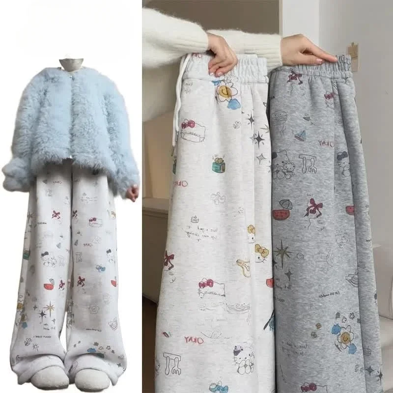 

Hello Kitty мультяшный принт для отдыха, свободные универсальные широкие прямые брюки, осень-зима, милые спортивные брюки с высокой талией