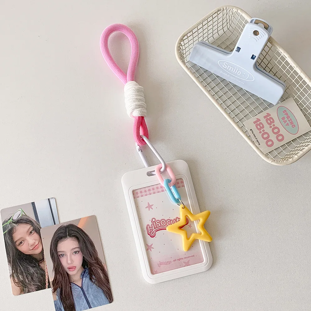 INS Morandi Colorful Star Pattern Sliding Cover Woven Rope Keychain Campus Work Card Protection Kpop Idol Photo Card Holder