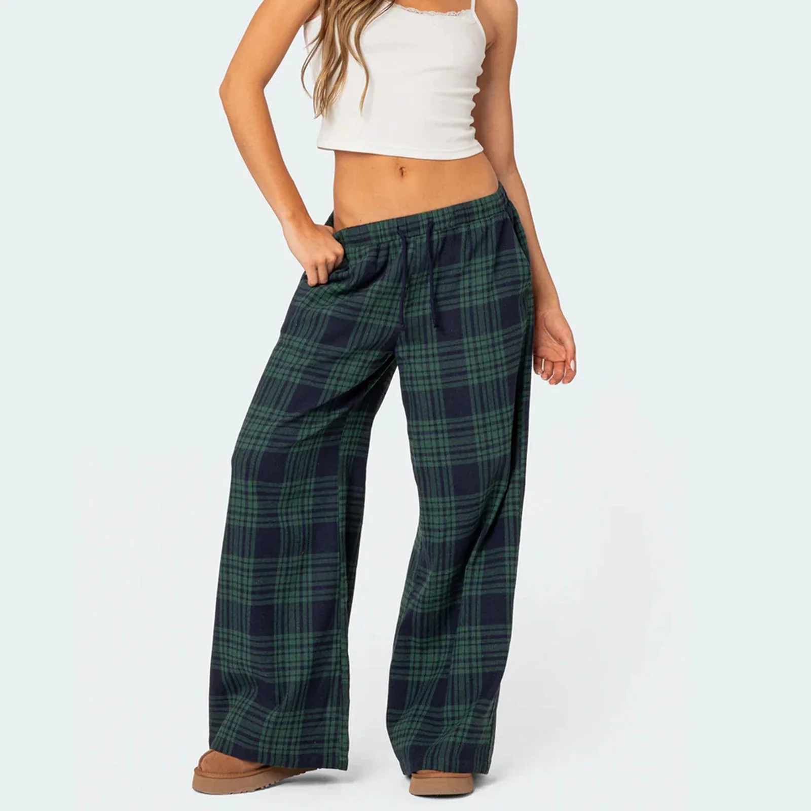 Combhasaki Women Y2K Vintage Casual Long Trousers Plaid Print Elastic Wide Low Waist Loose Wide Leg Lounging Pants with Pockets