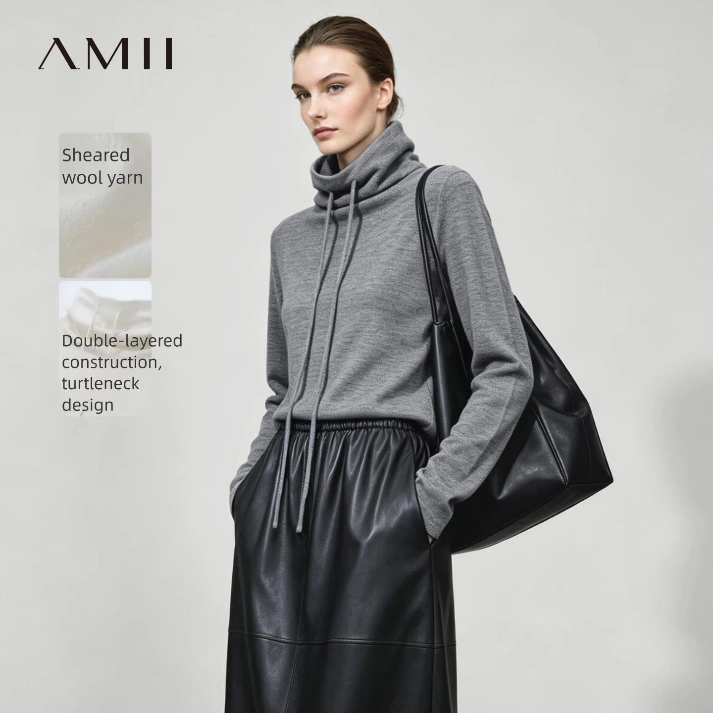 Amii Long Sleeve Turtleneck Sweaters Winter 2026 Knit Pullover Top Drawstring Loose Versatile Casual Sweaters for Women 12644009