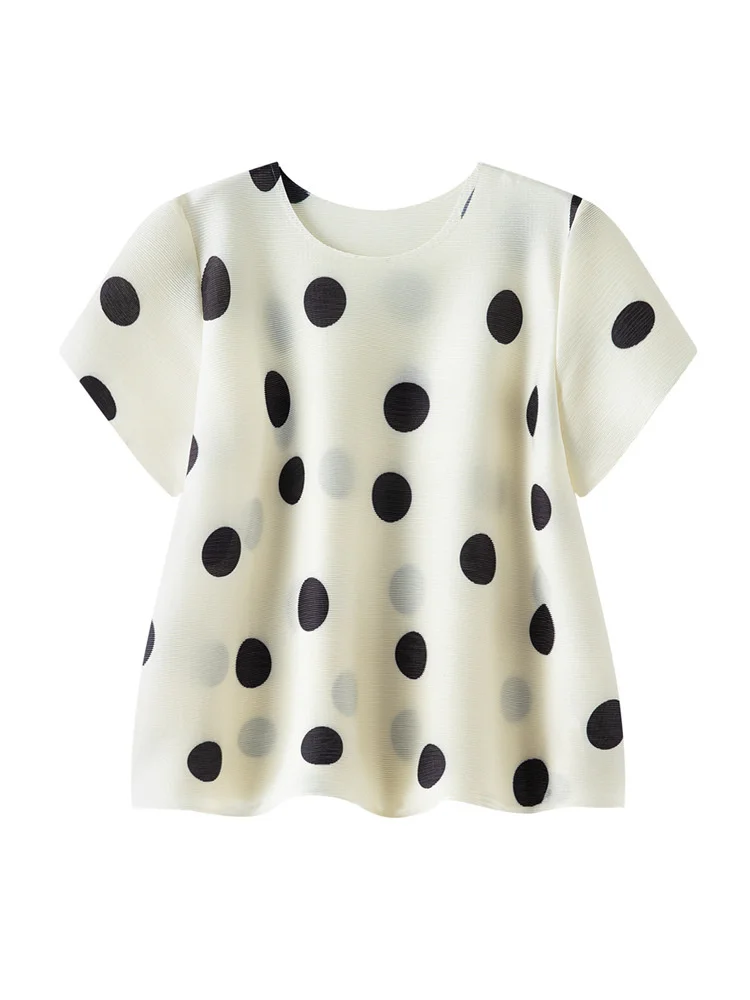 

Miyake плиссированные женские топы в горошек, новинка лета 2025 года, свободная женская повседневная футболка с круглым вырезом и коротким рукавом большого размера