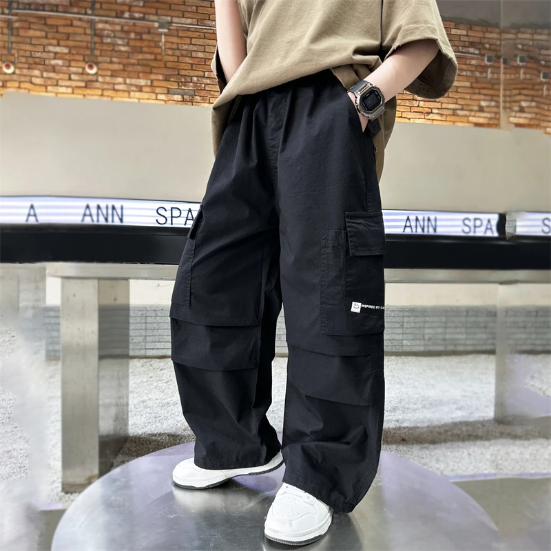 Kids Boys Loose Casual Trousers Summer Solid Pocket Cargo Pants Kids Clothing Fanshion Breathable Straight Wide-Leg Pants 6-15y