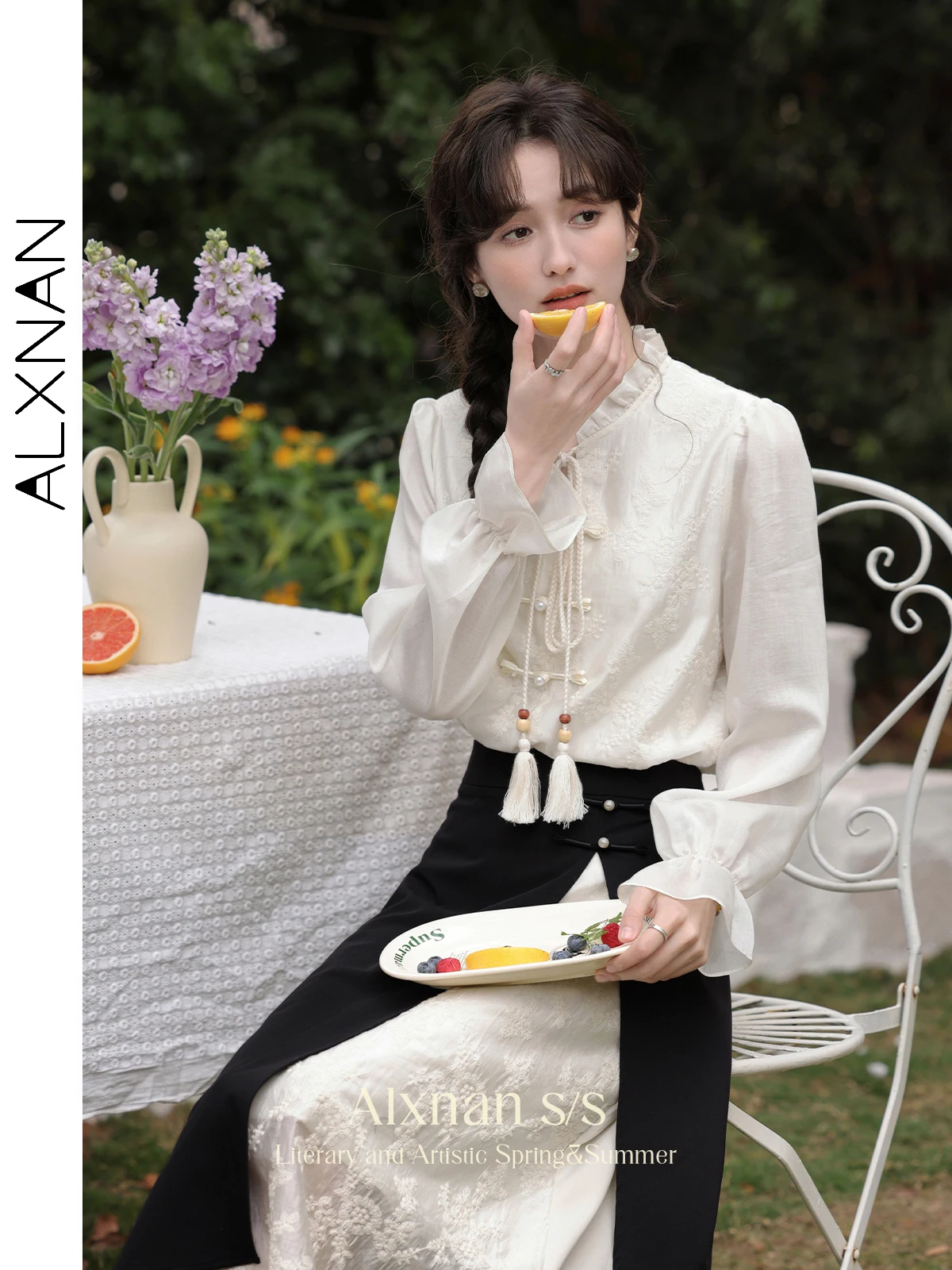 ALXNAN Chinese Style Long Sleeve Shirt Women 2024 Spring Autumn Ruffle Collar Button Down Blouse Embroidered Lace-up Tops L33558